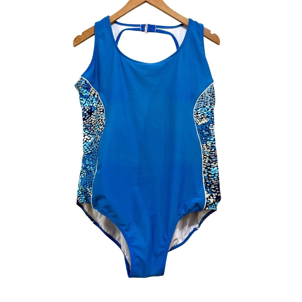 Catalina Women's Plus 1X 16W Blue Mosaic Print Side Panel One Piece Swimsuit